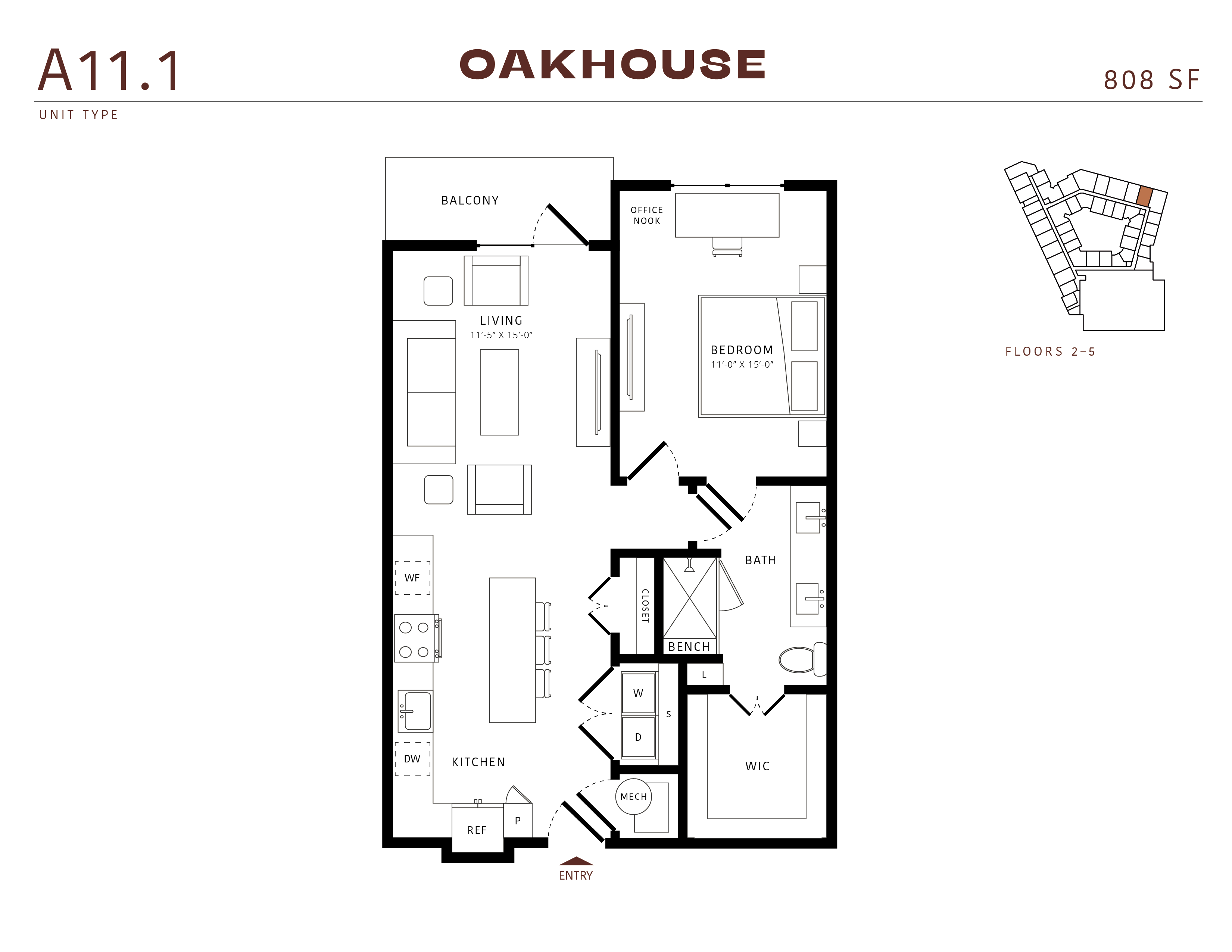 Floor plan for 1 bed, 1 bath, 808 sqft